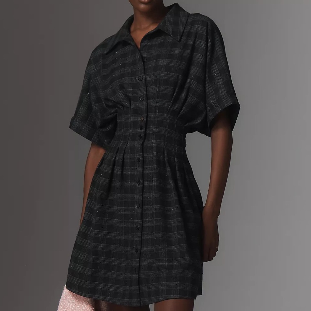 Anthropologie Tobie Mini Shirt Dress by Exquise Plaid Black Gray Crystal Size L